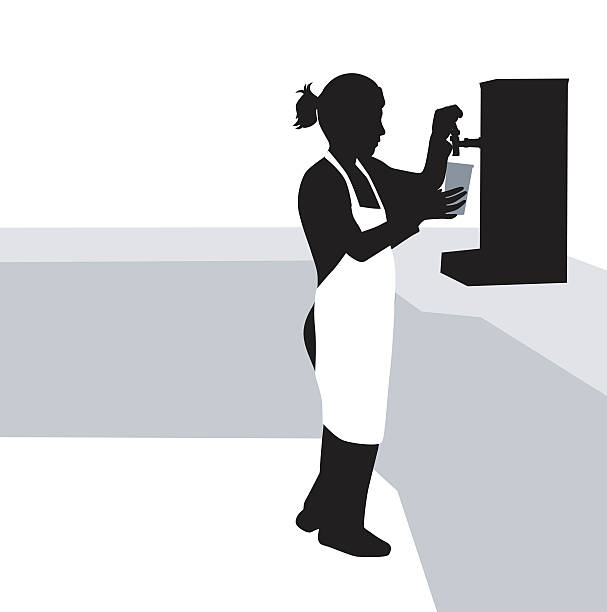 Coffee To Go A vector silhouette illustration of a female barista pouring a cup of coffee.  She wears an apron and holds a cup unter the spout. barista stock illustrations