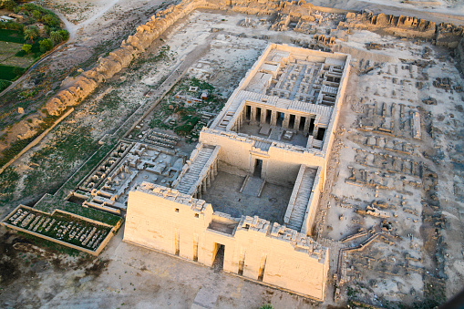 Aerial View of Ruined Temple, Egypt showing excavations and variuos artifacts from an archaelogical dig