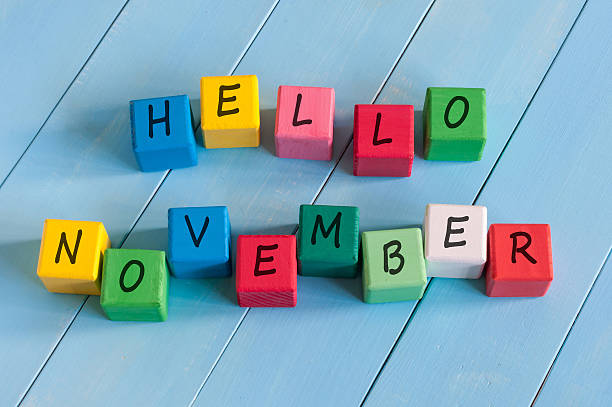 istock Hello November sign on color wooden cubes with light blue 493940140