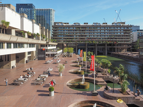 London, UK - September 28, 2015: The Barbican in the City of London is a large estate and an iconic new brutalist architecture landmark built in the sixties with the addition of an art and conference centre in the eighties which is the largest in Europe