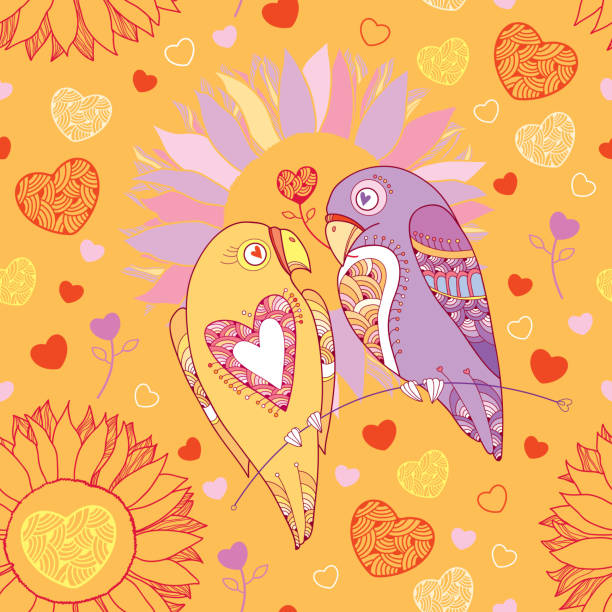 Seamless pattern with cute parrots in love and flowers Seamless pattern with cute parrots in love and flowers on the orange background echo parakeet stock illustrations
