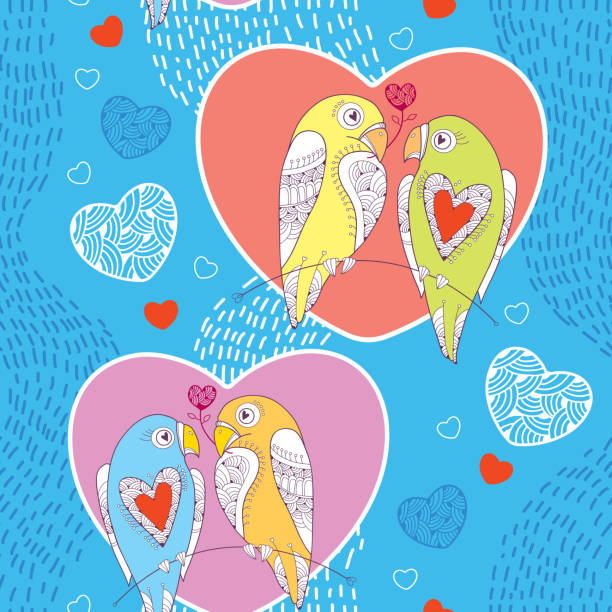Seamless pattern with cute parrots in love and hearts Seamless pattern with cute parrots in love and hearts on the blue striped background echo parakeet stock illustrations