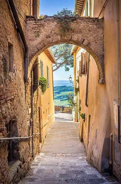 Captivating narrow street of old Montepulciano town in Tuscany