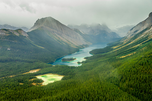 Arial view of the Lake Gloria and Marvel Lake in Mount Assiniboine Provincial Park, Canada.