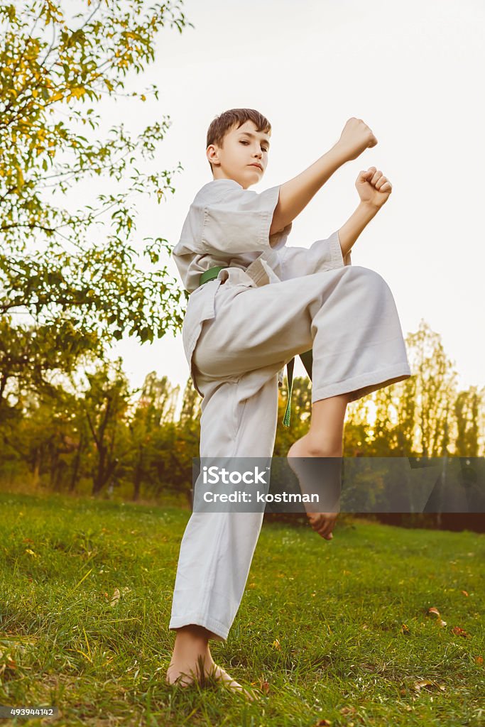 boy in white kimono during training karate exercises at summer boys in white kimono during training karate exercises at summer outdoors. 2015 Stock Photo
