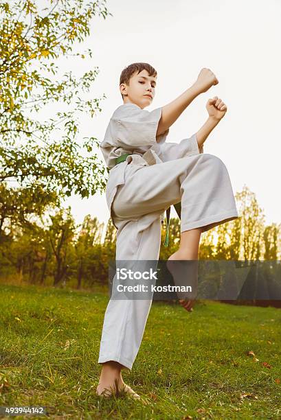 Boy In White Kimono During Training Karate Exercises At Summer Stock Photo - Download Image Now