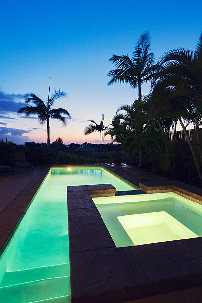istock Home with Pool and Hot Tub at Sunset 493954859