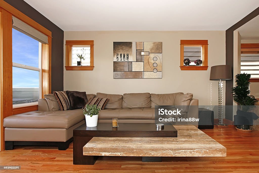 Beautiful modern living room interior Modern living room interior with leather sofa Architecture Stock Photo