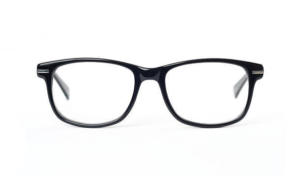 Thick black glasses on white background stock photo