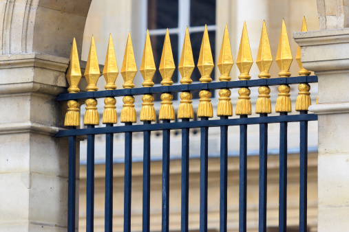 Grates with gold spikes front of the building
