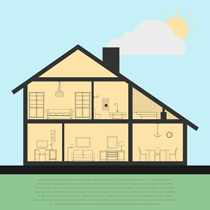 Vector house interior in cut. Detailed plan cross-sectional view room and bath, kitchen. Flat style vector illustration. EPS10