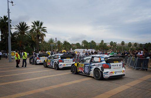Salou, Spain - October 24, 2015: WRC cars of the Team Volkswagen Polo R, with drivers  Sébastien Ogier , Jari-Matti Latvala, Andreas Mikkelsen. Stage from the 51th Rally of Spain
