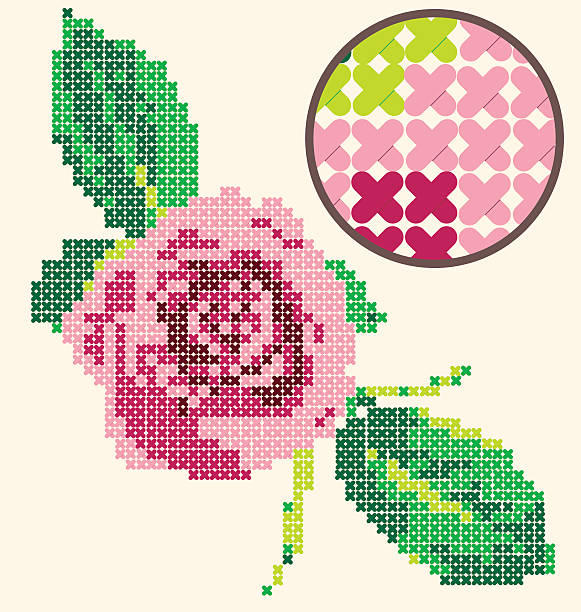 ściegiem krzyżykowym rose logo - needlecraft product embroidery cross stitch flower stock illustrations