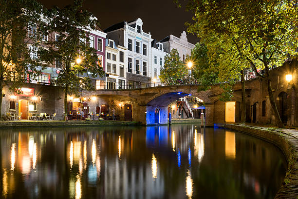 Utrecht, Netherlands - September 12, 2015: Wharf level night view of the illuminated Oudegracht canal in the old city centre of Utrecht