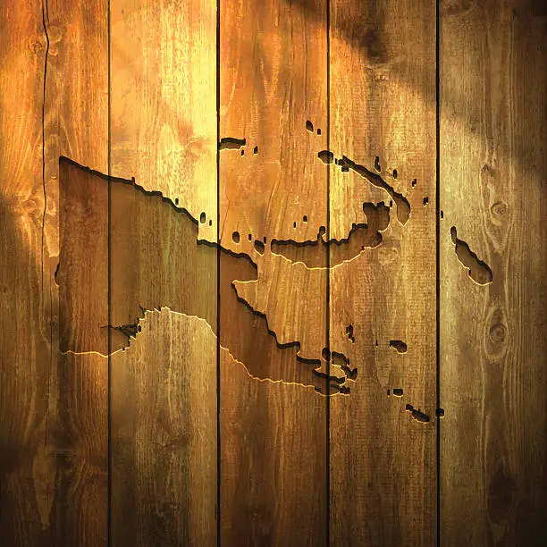Vector illustration of Papua New Guinea Map on lit Wooden Background