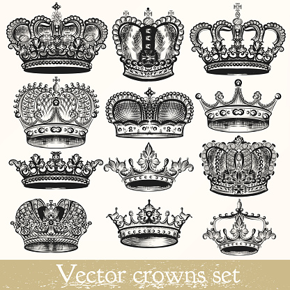 Collection of vector hand drawn crowns in vintage style
