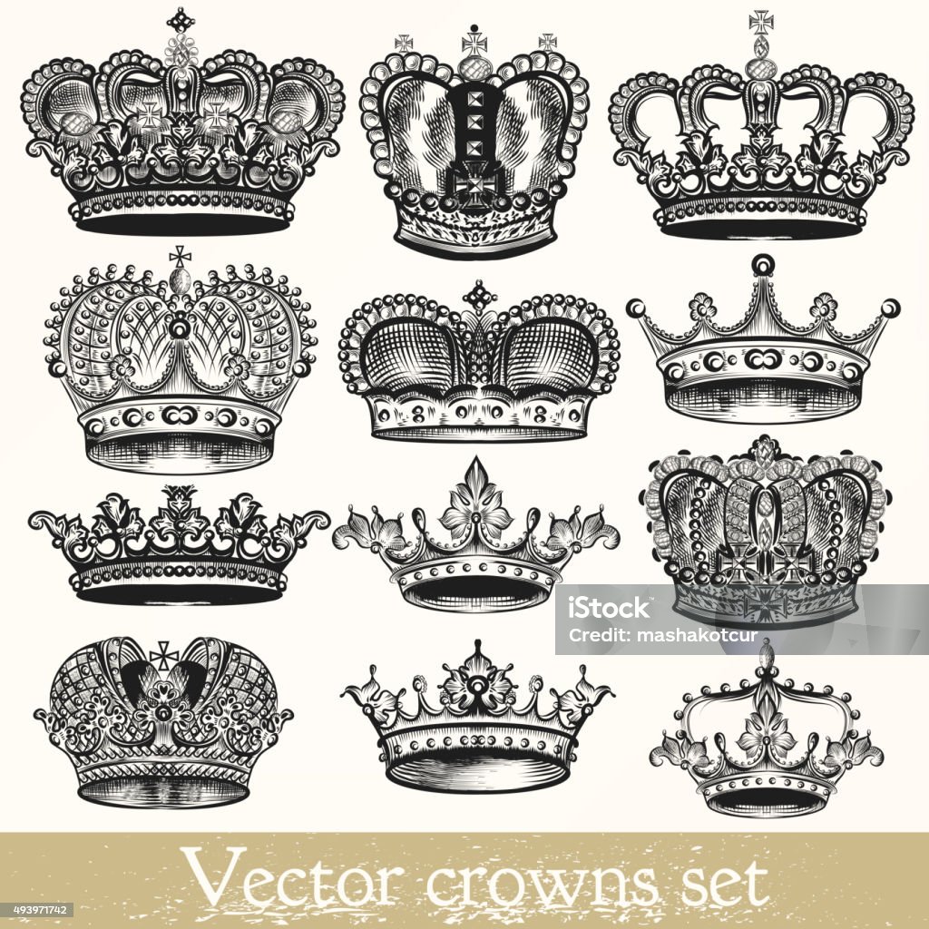 Set of vector hand drawn crowns in vintage style Collection of vector hand drawn crowns in vintage style Crown - Headwear stock vector