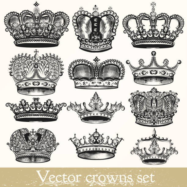Set of vector hand drawn crowns in vintage style Collection of vector hand drawn crowns in vintage style crown headwear illustrations stock illustrations