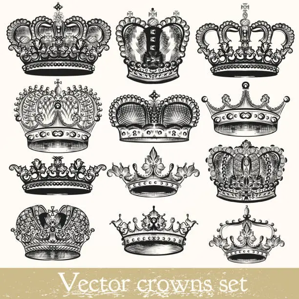 Vector illustration of Set of vector hand drawn crowns in vintage style