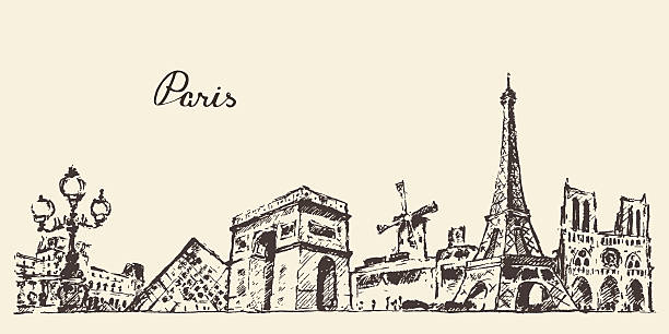 skyline von paris, frankreich-hand gezeichnete illustrationen - building exterior built structure street paris france stock-grafiken, -clipart, -cartoons und -symbole