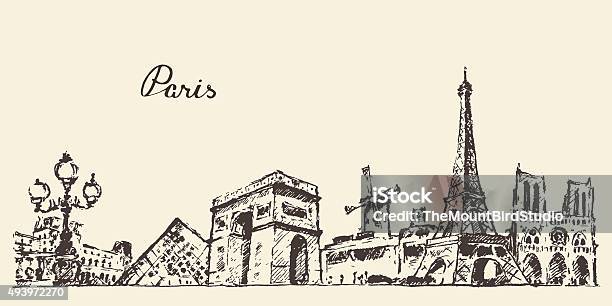 Paris Skyline France Illustration Hand Drawn Stock Illustration - Download Image Now - Paris - France, Drawing - Activity, Eiffel Tower - Paris