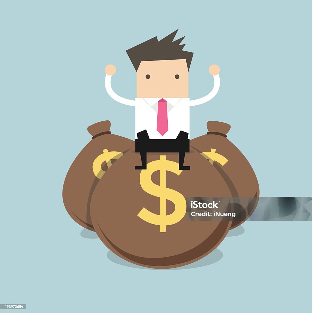 Businessman sitting on top money bags Businessman sitting on top of a pile of dollar money bags vector Sitting stock vector