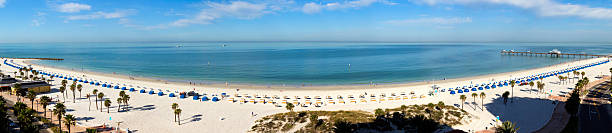 This wide panoramic view of Clearwater Beach Resort in Florida shows the  length and beauty of this gulf resort.