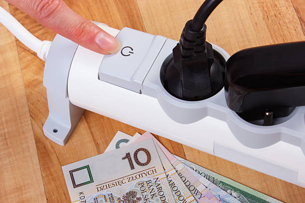istock Electrical power strip with connected plug and polish currency money 493979680