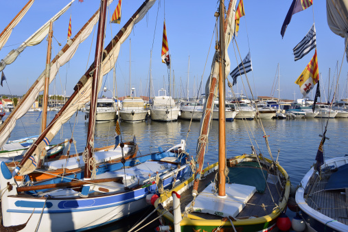 Typical small boats in the port of Bandol, commune in the Var department in the Provence-Alpes-Côte d'Azur region in southeastern France.