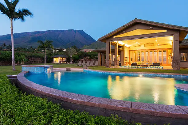 Luxury home with swimming pool at sunset