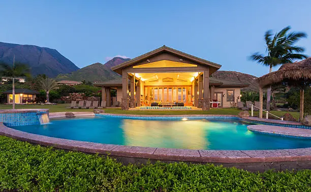 Luxury home with swimming pool at sunset