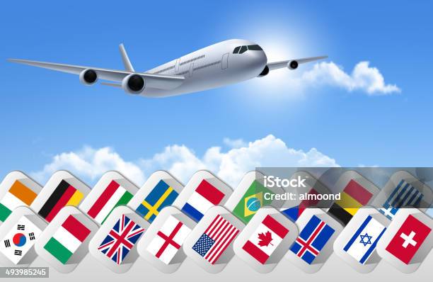 Vetores de Avião De Fundo Com Bandeiras De Diferentes Países Ve e mais imagens de Avião