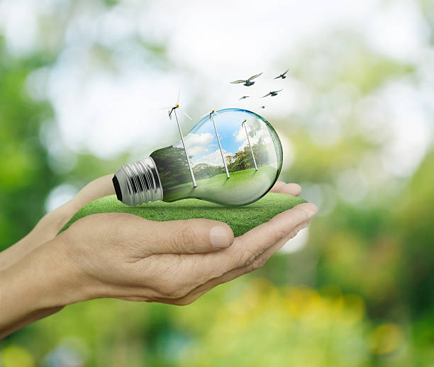 istock Light bulb with wind turbines inside in hands, Ecological concept 493993060