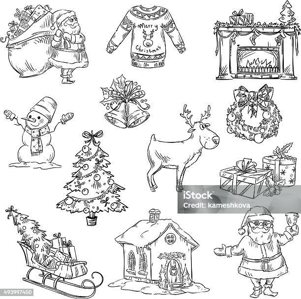 Selection Of Christmas Symbols Hand Drawn Stock Illustration - Download Image Now - Christmas Stocking, Line Art, Painted Image