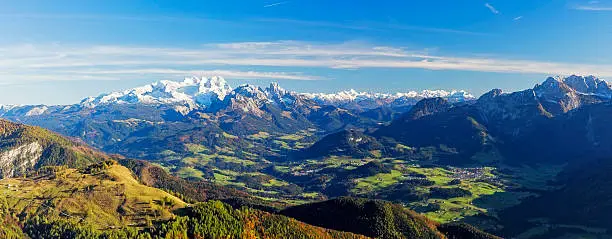 View from mountaintop across the river Salzach valley to Abtenau and Schladming with Mlount Dachstein in the background