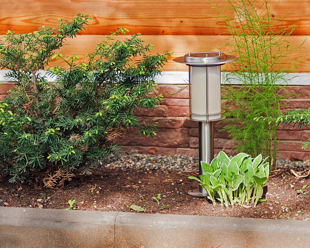 istock Solar-powered lamp on garden background. 493999547