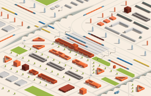 A vector illustration of a railway station in a city in isometric format. Editable with objects logically layered. City features trains, railroads, bridges, railway station etc.