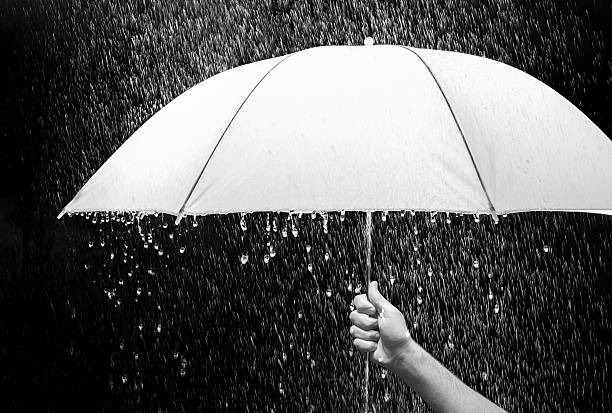 Umbrella Hand holding an umbrella in rain, black background - business and fashion concept. emergency shelter photos stock pictures, royalty-free photos & images