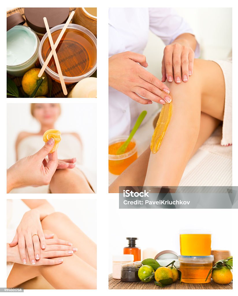 Collage. Getting rid of body hair by shugaring. Waxing - Hair Removal Stock Photo