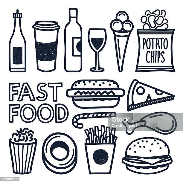 Fast Food Doodles Stock Illustration - Download Image Now - Food, Alcohol - Drink, Black Color