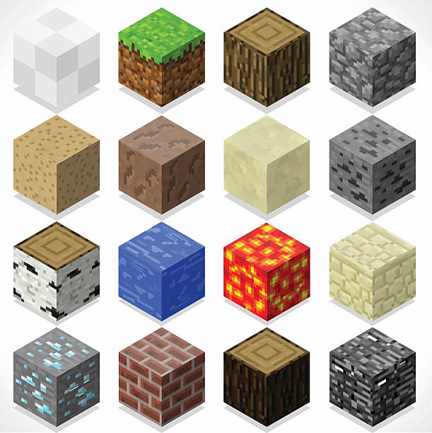 Mine Cubes 04 Elements Isometric 3D Flat Isometric Mine Cubes HD Starter Kit Ground Water Iron Coal Grass Rock Iron Lava Sand Wood Stone Elements Icon Mega Set Collection for Builder Craft. Build Your Own World craft kit stock illustrations