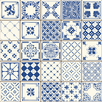 Indigo Blue Tiles Floor Ornament Collection. Gorgeous Seamless Patchwork Pattern from Colorful Traditional Painted Tin Glazed Ceramic Tilework Vintage Illustration. For web page template background