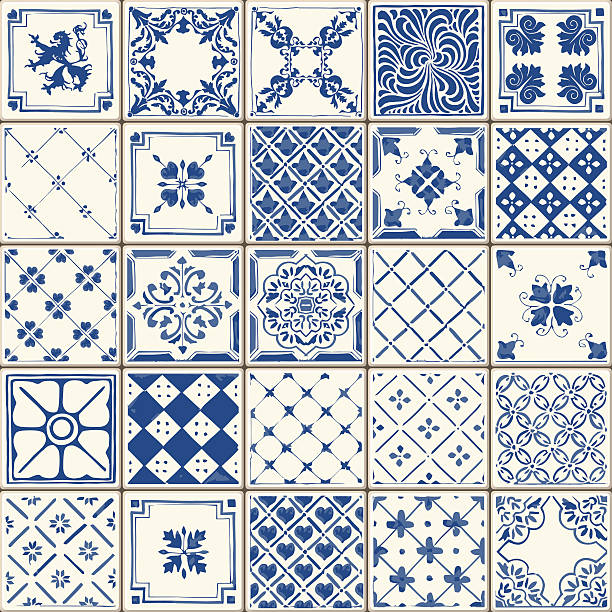 Traditional Ceramic 02 Vintage 2D Indigo Blue Tiles Floor Ornament Collection. Gorgeous Seamless Patchwork Pattern from Colorful Traditional Painted Tin Glazed Ceramic Tilework Vintage Illustration. For web page template background tile patterns stock illustrations