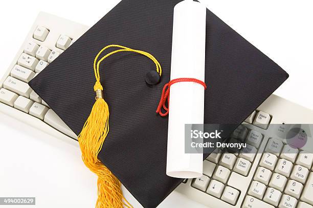 Black Mortarboard And Computer Keyboard Stock Photo - Download Image Now - Computer Keyboard, Graduation, Achievement