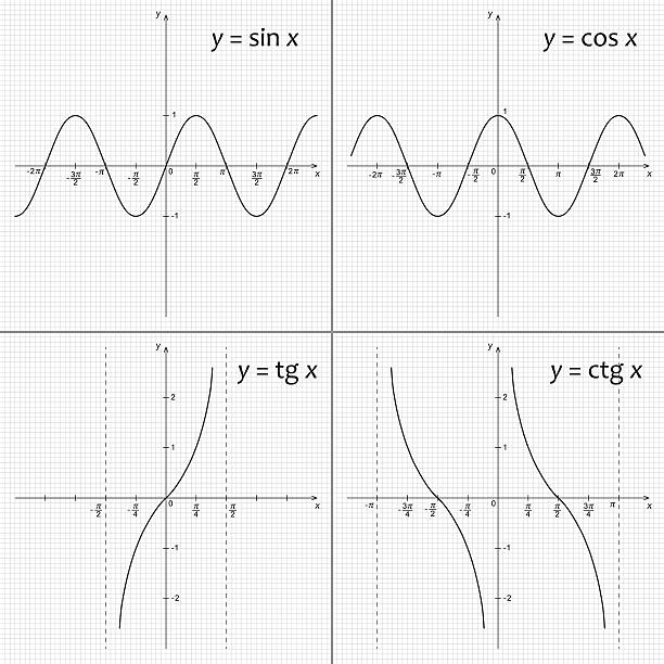 ilustrações, clipart, desenhos animados e ícones de matemática funções y = sin x, y = cos x, y = tg x, y = ctg x - cosinus