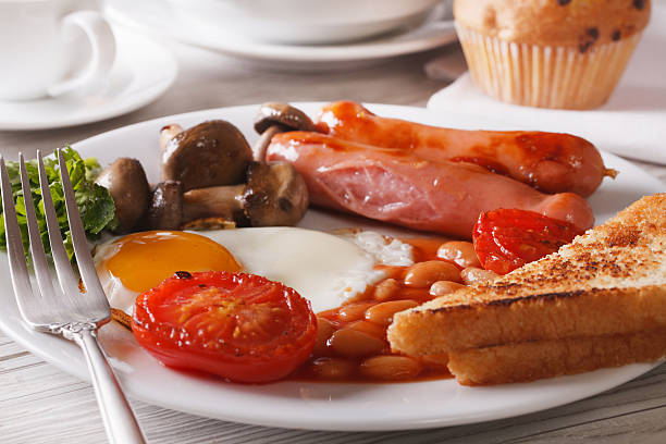 istock English breakfast: eggs, sausage, tomato, beans and mushrooms 494005980