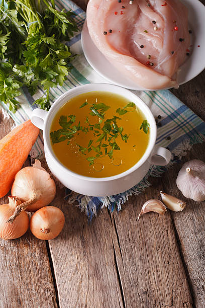 istock Chicken broth and ingredients close-up. vertical 494023624
