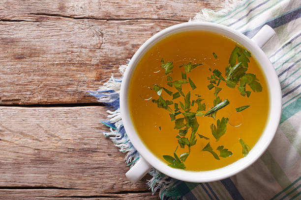 istock meat broth with parsley in bowl closeup. horizontal top view 494023846