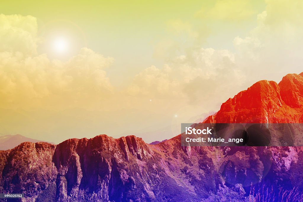 fantasy mountain landscape with clouds fantasy landscape with clouds and a star 2015 Stock Photo