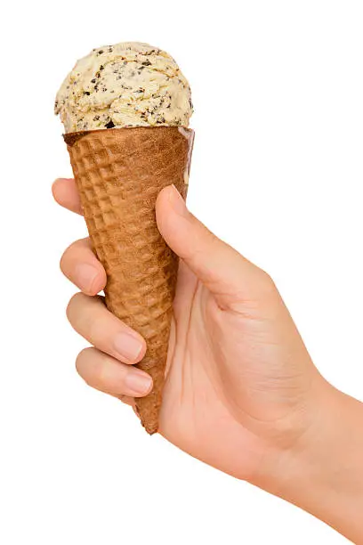 Photo of Hand holding chocolate chip icecream cone isolated on white background